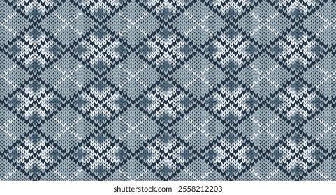 Blue geometric knitted pattern, Festive Sweater Design. Seamless Knitted Pattern