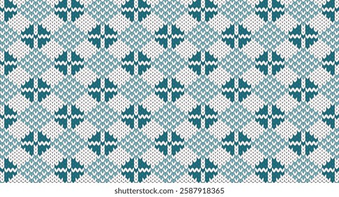 Blue geometric knitted pattern, Festive Sweater Design. Seamless Knitted Pattern