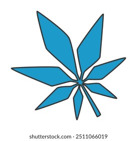 Blue geometric leaf vector illustration flat style abstract symmetrical design depicting a stylized plant leaf in a sharp angular form bright blue color