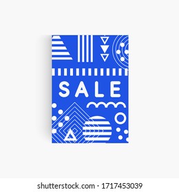 Planta de fondo azul geométrica memphis para la venta banner, afiche, volante, tarjeta de descuento, invitación y folleto de oferta. Formas abstractas vectoriales con texto de venta.