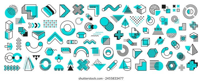 Conjunto de Vector de Formas de Memphis geométricas azules, encarna patrones audaces y vibrantes con Elementos yuxtapuestos como zigzags, garabatos, arcos y triángulos, pirámides, cubos o cilindros en el estilo de diseño de los años 80