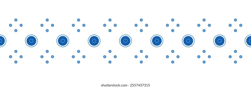 Blue geometric minimalist design element. Seamless border from round elements. Blue colors circular motifs on white background. Traditional geometry folk monochrome ornament for your design project.