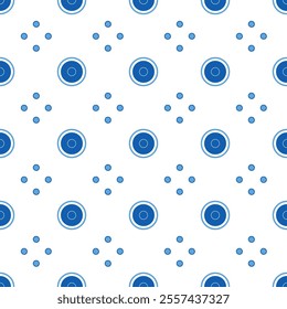 Blue geometric minimalist seamless pattern. Blue colors circular motifs on white background. Traditional ethnic craft monochrome ornament for your design project. Design elements from round elements