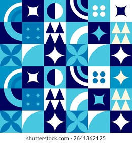 blue geometric mosaic seamless pattern illustration with nature abstract shapes. Fresh organic concept background print. Eco friendly minimalist shape texture, geometry collage.