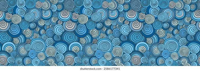 Blue geometric ocean swirls seamless vector pattern, abstract hand drawn summer curls for backgrounds, textures and textile designs