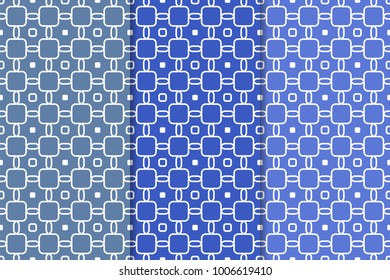 Blue geometric ornaments. Set of vertical seamless patterns for web, textile and wallpapers