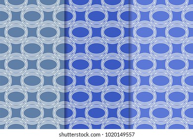 Blue geometric ornaments. Set of vertical seamless patterns for web, textile and wallpapers