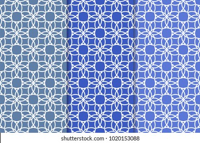 Blue geometric ornaments. Set of vertical seamless patterns for web, textile and wallpapers