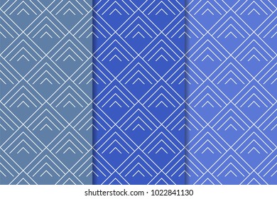 Blue geometric ornaments. Set of vertical seamless patterns for web, textile and wallpapers