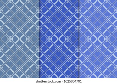 Blue geometric ornaments. Set of vertical seamless patterns for web, textile and wallpapers