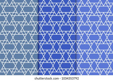 Blue geometric ornaments. Set of vertical seamless patterns for web, textile and wallpapers
