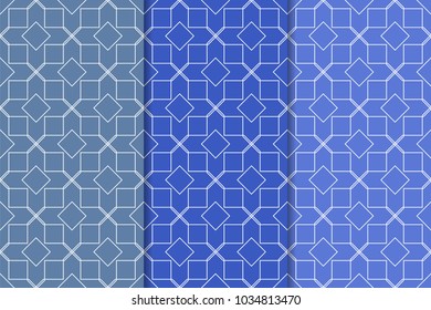 Blue geometric ornaments. Set of vertical seamless patterns for web, textile and wallpapers