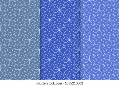 Blue geometric ornaments. Set of vertical seamless patterns for web, textile and wallpapers