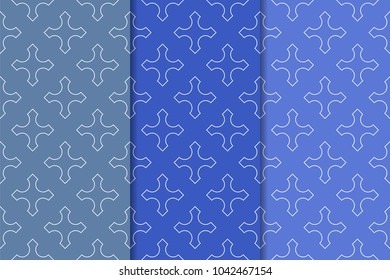 Blue geometric ornaments. Set of vertical seamless patterns for web, textile and wallpapers
