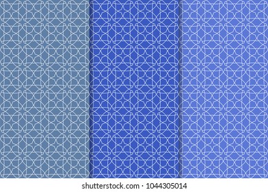Blue geometric ornaments. Set of vertical seamless patterns for web, textile and wallpapers