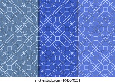 Blue geometric ornaments. Set of vertical seamless patterns for web, textile and wallpapers
