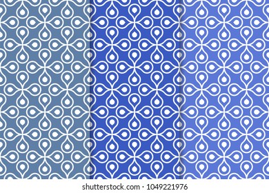 Blue geometric ornaments. Set of vertical seamless patterns for web, textile and wallpapers