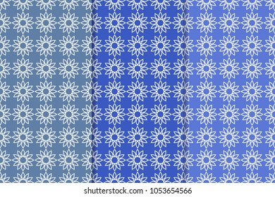 Blue geometric ornaments. Set of vertical seamless patterns for web, textile and wallpapers