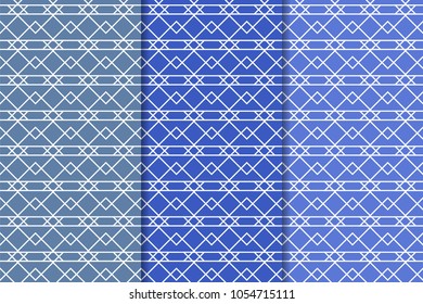 Blue geometric ornaments. Set of vertical seamless patterns for web, textile and wallpapers