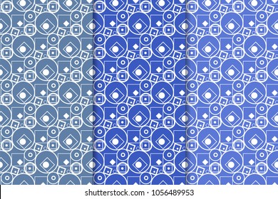 Blue geometric ornaments. Set of vertical seamless patterns for web, textile and wallpapers