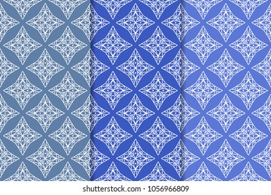 Blue geometric ornaments. Set of vertical seamless patterns for web, textile and wallpapers