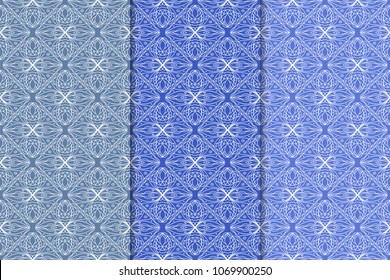 Blue geometric ornaments. Set of vertical seamless patterns for web, textile and wallpapers