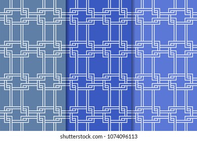 Blue geometric ornaments. Set of vertical seamless patterns for web, textile and wallpapers
