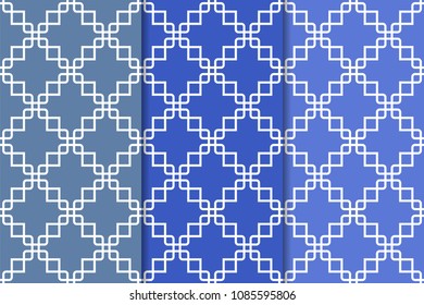 Blue geometric ornaments. Set of vertical seamless patterns for web, textile and wallpapers