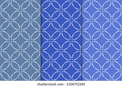 Blue geometric ornaments. Set of vertical seamless patterns for web, textile and wallpapers