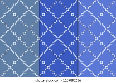 Blue geometric ornaments. Set of vertical seamless patterns for web, textile and wallpapers