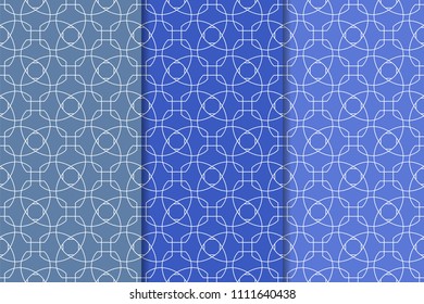 Blue geometric ornaments. Set of vertical seamless patterns for web, textile and wallpapers