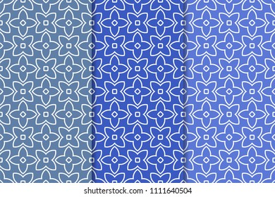 Blue geometric ornaments. Set of vertical seamless patterns for web, textile and wallpapers