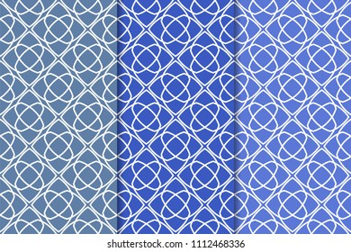 Blue geometric ornaments. Set of vertical seamless patterns for web, textile and wallpapers