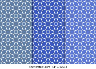 Blue geometric ornaments. Set of vertical seamless patterns for web, textile and wallpapers