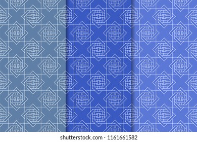 Blue geometric ornaments. Set of vertical seamless patterns for web, textile and wallpapers