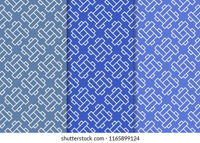 Blue geometric ornaments. Set of vertical seamless patterns for web, textile and wallpapers