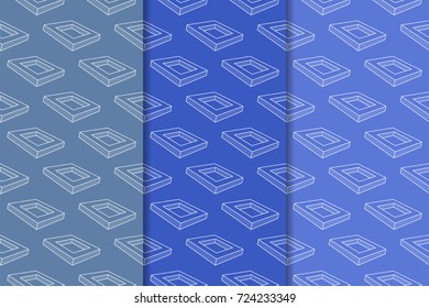 Blue geometric ornaments. Set of vertical seamless patterns for web, textile and wallpapers