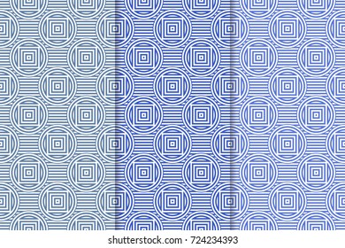 Blue geometric ornaments. Set of vertical seamless patterns for web, textile and wallpapers