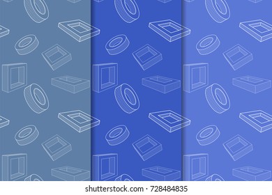 Blue geometric ornaments. Set of vertical seamless patterns for web, textile and wallpapers