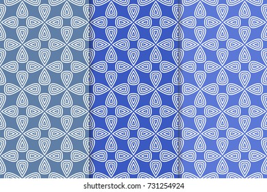 Blue geometric ornaments. Set of vertical seamless patterns for web, textile and wallpapers