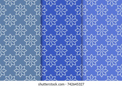 Blue geometric ornaments. Set of vertical seamless patterns for web, textile and wallpapers