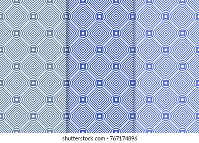 Blue geometric ornaments. Set of vertical seamless patterns for web, textile and wallpapers
