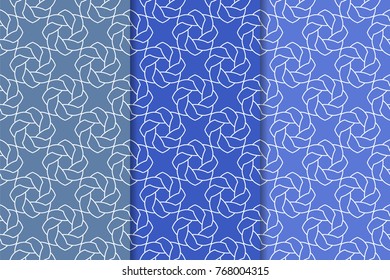 Blue geometric ornaments. Set of vertical seamless patterns for web, textile and wallpapers