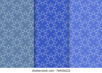 Blue geometric ornaments. Set of vertical seamless patterns for web, textile and wallpapers