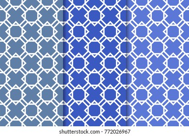 Blue geometric ornaments. Set of vertical seamless patterns for web, textile and wallpapers