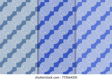 Blue geometric ornaments. Set of vertical seamless patterns for web, textile and wallpapers