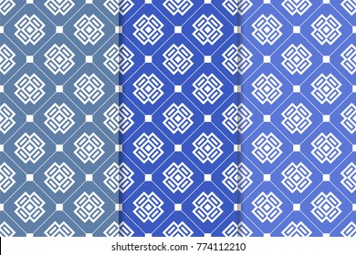 Blue geometric ornaments. Set of vertical seamless patterns for web, textile and wallpapers