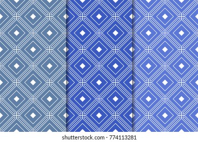 Blue geometric ornaments. Set of vertical seamless patterns for web, textile and wallpapers