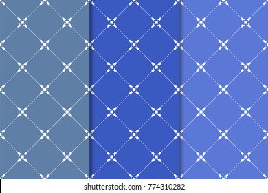 Blue geometric ornaments. Set of vertical seamless patterns for web, textile and wallpapers