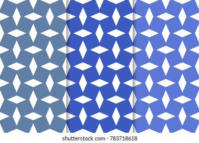 Blue geometric ornaments. Set of vertical seamless patterns for web, textile and wallpapers